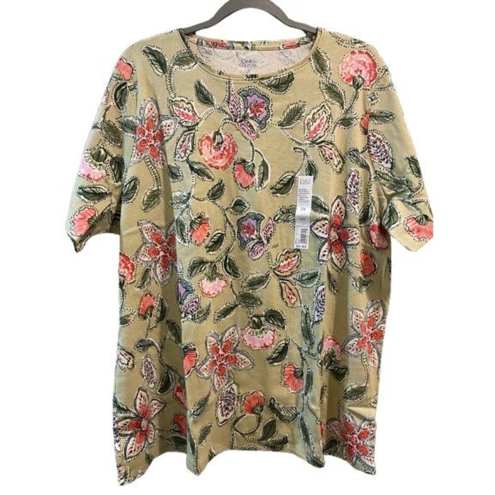 Women's 2X Classic Tee Croft & Barrow Cotton Short Sleeve Crewneck Green Floral